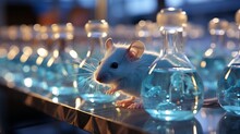 
Laboratory Mouse. Potions And Flasks For Studying The Effect Of Cosmetic And Medical Products On Rodents. Concept: Problems Of Regulation Of Laws For Cruelty To Animals.