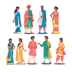 Canvas Print - Hindus People Characters in National Costume in Standing Pose Vector Set