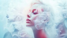 Pretty Languid Woman Face In White Smoke On Blue Pastel Background.