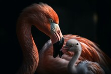 An Adult Flamingo Carries A Young One In Its Beak And Wings. Generative AI