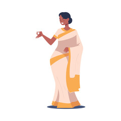 Sticker - Hindu Woman Character in National Sari Costume in Standing Pose Vector Illustration