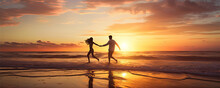 Happy Couple Running On The Beach In Sunset Light,