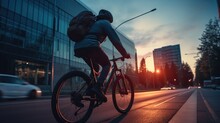 Ai Generative Image Of Food Delivery Man Riding A Bicycle On A City Street With A Large Backpack On Sunset