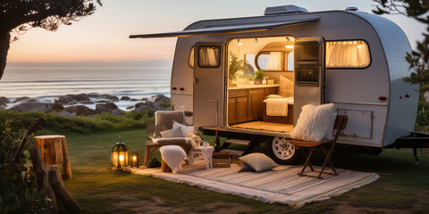 A luxurious vintage camper decorated with furnishings, cozy pretty outdoor interior. A lovely motorhome station.