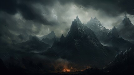 Canvas Print -  a dark mountain scene with lightning and lightning in the sky.  generative ai