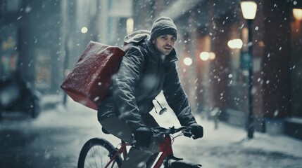 Ai generative image of food delivery man riding a bicycle on a city street with a large backpack in winter, in snowfall