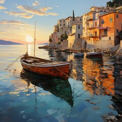 oil painting on canvas of a landscape of the Italian coast at sunset