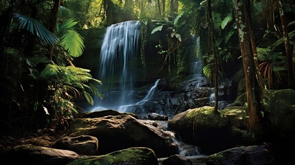 Sticker -  a waterfall in the middle of a jungle with rocks and trees.  generative ai