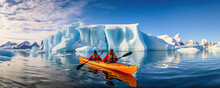 Winter Kayaking In Ice Antartica. Frozen Sea And Glaciers Around.