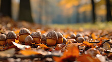 Autumn Background With Decorative Acorns. Generative AI