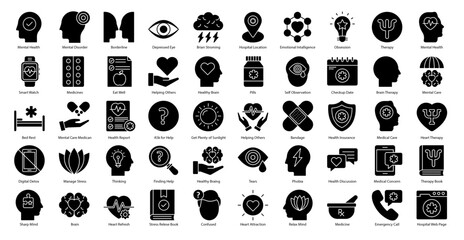 Wall Mural - Mental Illness Glyph Icons Therapy Medical Icon Set in Glyph Style 50 Vector Icons in Black