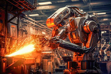 Poster - Industrial robot welding metal in a factory. Automation industry concept