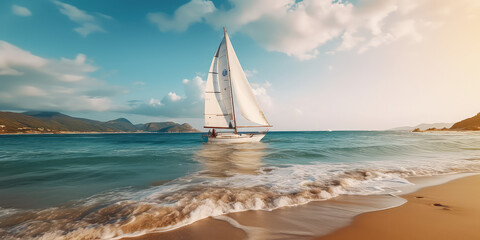 Wall Mural - Coastal adventure, Beautiful beach with sailing boat, embracing active lifestyle. A sailing boat docked on the beach, nobody. Horizontal wallpaper.