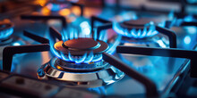 Kitchen Gas Stove Burner With Blue Flame Transparency. Horizontal Banner With Burning Gas Stove Burner On The Kitchen Stove. Economic Crisis, The Cost Of Gas Rising. 