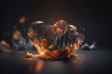 3d rendering of broken glass with heart shape inside on black background