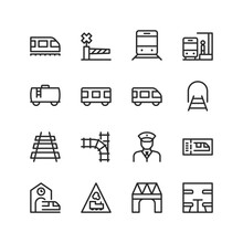 Train On A Railroad, Linear Style Icons Set. Railway Structure. Station, Passenger Seats, Cars, Rails. Editable Stroke Width