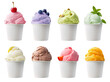 Colorful ice cream scoops with decor in cups on a transparent background. Generative AI