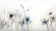 Watercolor Thin Black Outline Flowers In The Foreground Against A Faded Misty Background