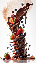 A Tower Of Chocolate With A Splash And Liquid And Strawberries And Blueberries.Generative AI