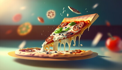 Wall Mural - A piece of pizza in the air with cheese dripping down.Generative AI