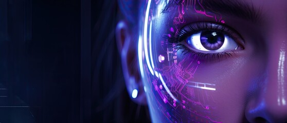 Close up female eyes as a biometrics eye scanning photorealistic futuristic digital cyber technology colourful facial recognition, dark background