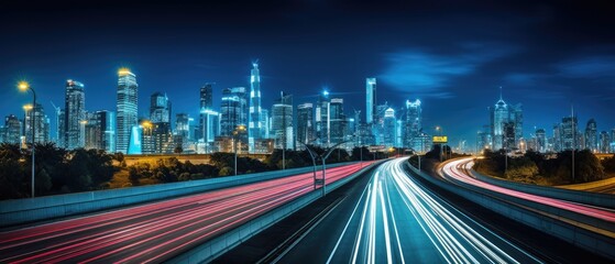 Canvas Print - A city skyline at night with long exposure of light trails. Generative AI.