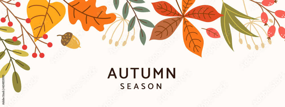 Welcome Fall Header Autumn season background with colorful leaves, branches and berries ...