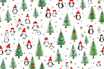 Wall Mural - Mix pinguins in Christmas cloth with Christmas trees on white background