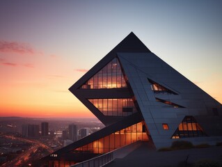 Sticker - A building with a triangle shaped roof at sunset. Generative AI.