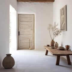 Wall Mural - Interior space, modern style, old stone and pottery pot, wooden door, illustration made with Generative AI 