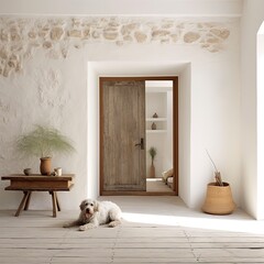 Wall Mural - Interior space, modern style, old stone and pottery pot, wooden door, illustration made with Generative AI 