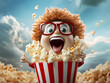 A 3D animated popcorn character, sporting spectacles, comes to life in a playful and cartoonish manner. Popcorn animated character for watching movie.