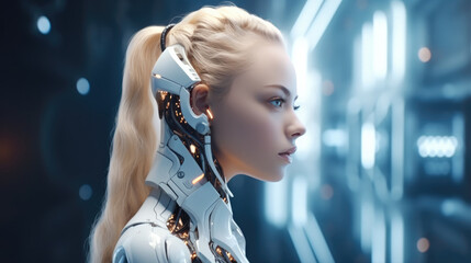 Poster - Robot cyber girl, Futuristic robot with artificial intelligence, Artificial intelligence with a digital brain is learning to process big data.