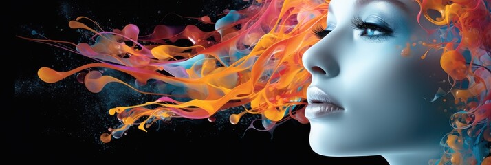 Aufkleber - Futuristic technology transformation, Surreal abstract beautiful woman robot portrait with fantasy bright combinations.