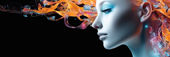 Aufkleber - Futuristic technology transformation, Surreal abstract beautiful woman robot portrait with fantasy bright combinations.