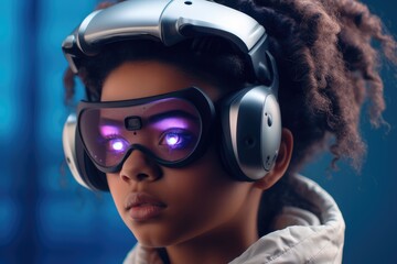 Poster - Girl with VR headset, Futuristic Interface, VR simulator.