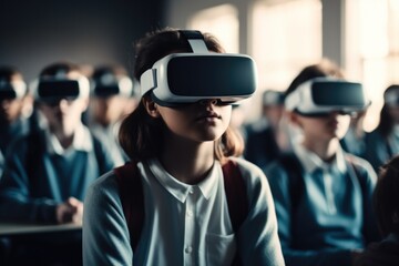 Poster - Children wearing virtual reality headset at the classroom at school.