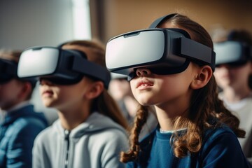 Poster - Mixed race group of students using virtual reality goggles at the classroom.