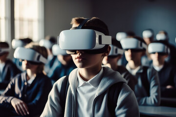 Poster - Children wearing virtual reality headset at the classroom at school.