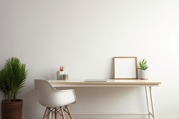 Minimalist style freelancer desk in white, with modern elements and remote work concept.