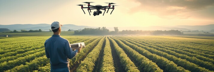 Farmer using drone to monitor crop health in field of organic produce, Technology farming concept.