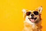 Fototapeta Zwierzęta - Closeup portrait of dog in fashion sunglasses. Funny pet on bright yellow background. Puppy in eyeglass. Fashion, style, cool animal concept with copy space