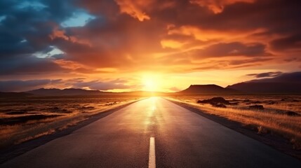 Aufkleber - Road Leading Into A Sunset, Straight road to the mountain.