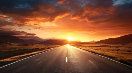 Wall Mural - Road Leading Into A Sunset, Straight road to the mountain.