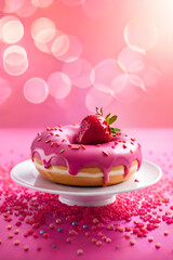 Wall Mural - Close-up 3d rendering of pink frosted donut with sprinkles on pink background. Generative AI