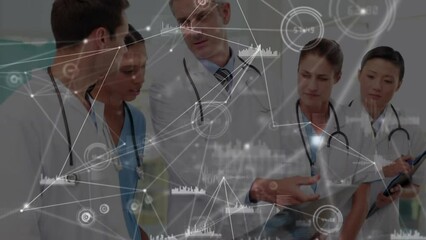 Poster - Animation of network of connections with icons over diverse doctors