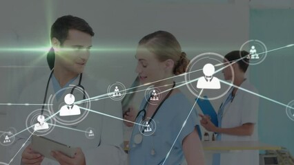 Poster - Animation of network of connections with icons over diverse doctors
