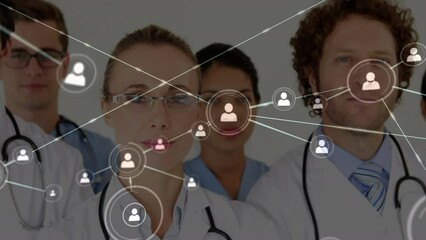Poster - Animation of network of connections with icons over diverse doctors