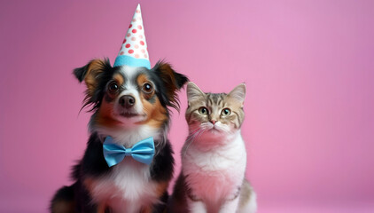 Wall Mural - Adorable cat and dog wearing hilarious party clothes, striking a pose in front of a vibrant and colorful background - a whimsical duo ready to liven up any celebration.