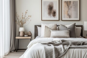 Canvas Print - Modern bedroom interior design with brown and grey bedding, decorative items, and personal accessories.